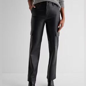 Express Modern Straight Super High Rise Vegan Leather Cargo Pants in Pitch Black